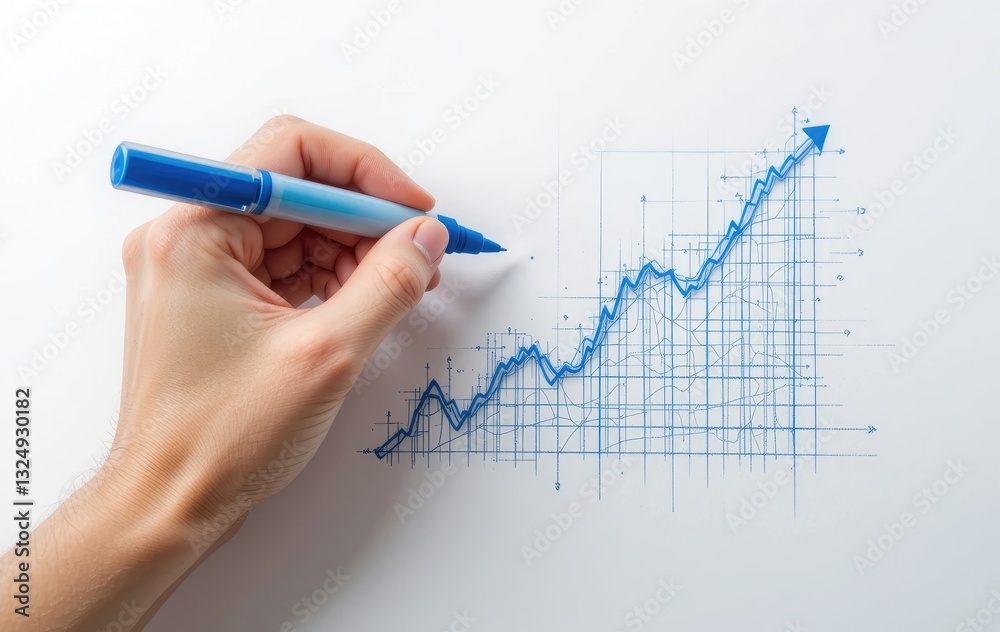 Drawing a Business Growth Chart on Paper with a Blue Marker Drawing a Business Growth Chart on Paper with a Blue Marker