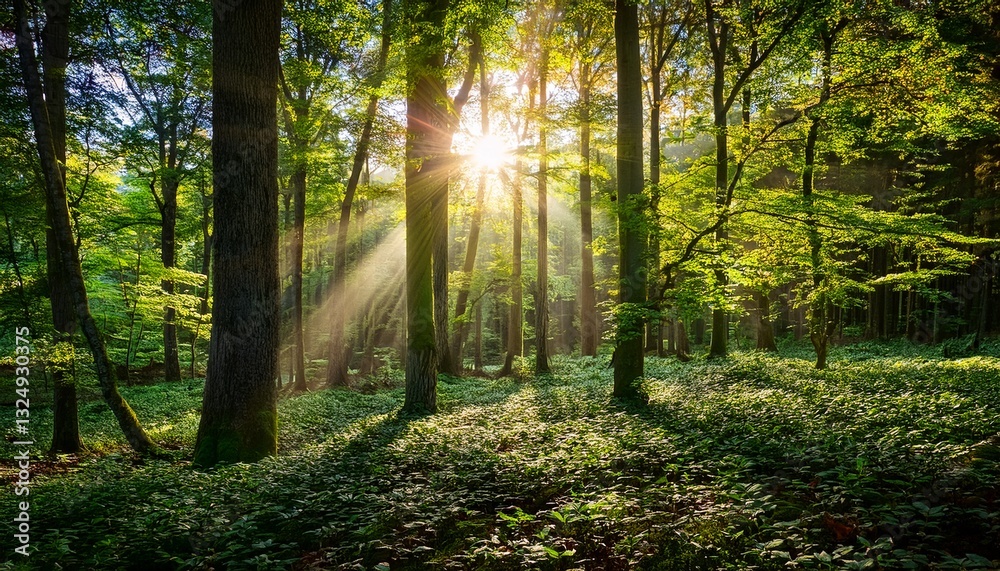 Fototapeta premium sunbeam pierces through dense canopy of lush green forest illuminating foliage and creating serene atmosphere scene is filled with vibrant leaves and dark tree trunks evoking sense of