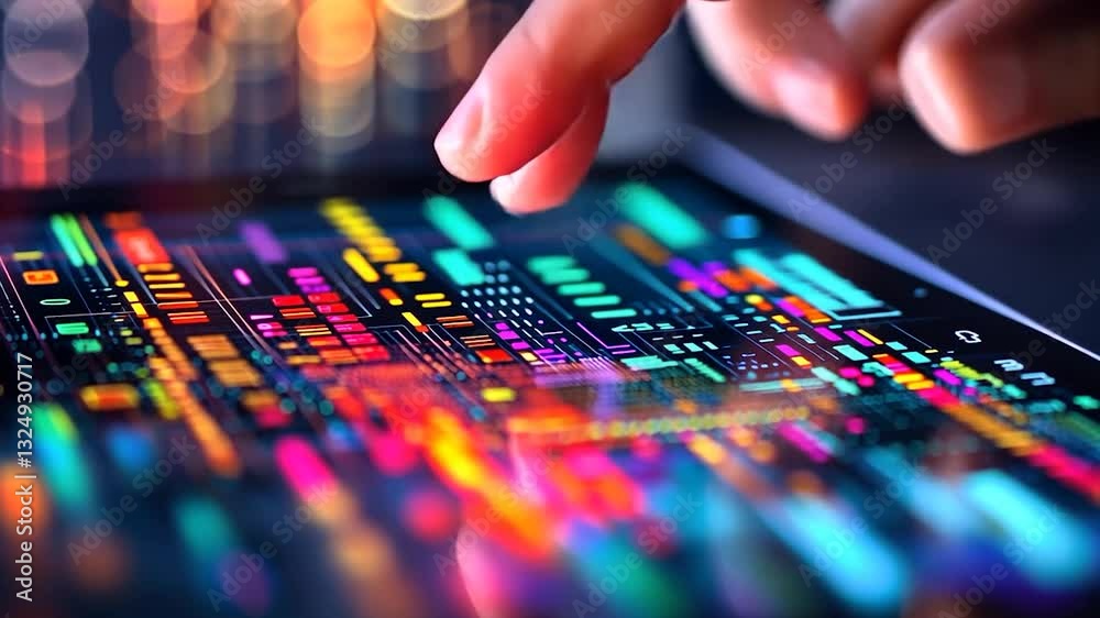 Digital Touch: Exploring the vibrant world of technology through a fingertip interaction on a tablet screen showcasing colorful data streams and circuits.