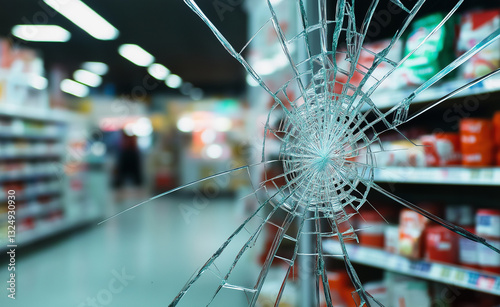 Shattered glass window of a convenience store with shelves of products visible behind the cracks.