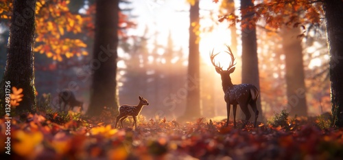 Majestic Deer in Autumn Forest Sunrise photo