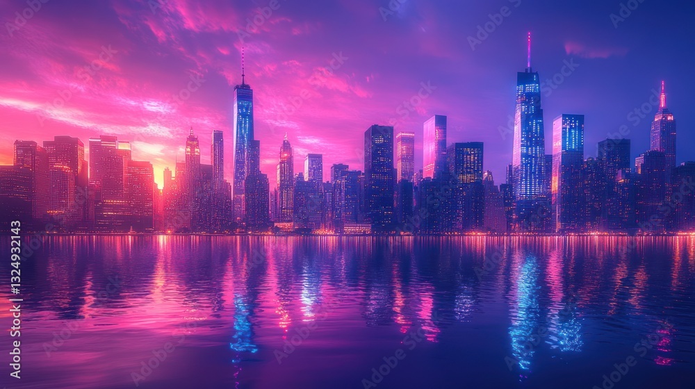 Fototapeta premium Urban cityscape at sunset, glowing in deep magenta and electric blue reflections, cinematic angle