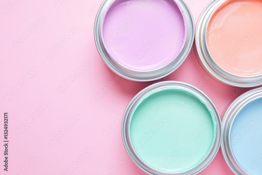 open metallic cans of wall paint in trendy pastel colors for spring redecor, pastel color solid background open metallic cans of wall paint in trendy pastel colors for spring redecor, pastel color solid background