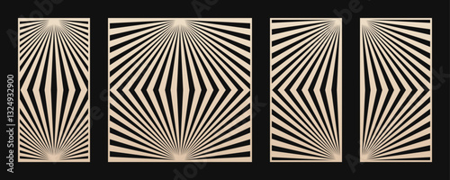 Vector set of laser cut panels. Stencils with abstract geometric pattern, diagonal lines, stripes, optical illusion. Decorative template for cutting of wood, metal, acrylic. Aspect ratio 1:2, 1:1