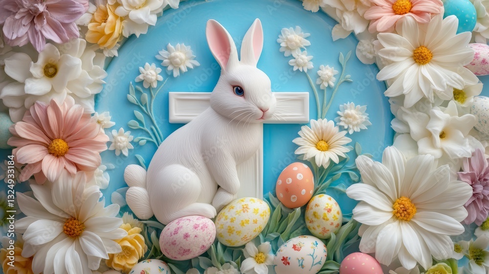 Obraz premium Easter bunny surrounded by colorful eggs and flowers with a wooden cross in a serene garden setting