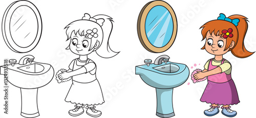 Niña lavandose las manos, ilustracion en blanco y negro, pagina para colorear y ilustracion a color.
