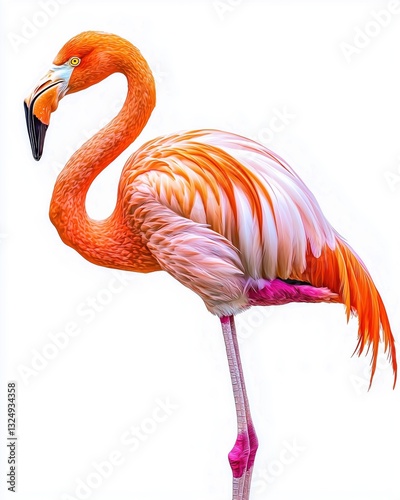 A vibrant flamingo with pink and orange feathers standing on one leg against a white background.