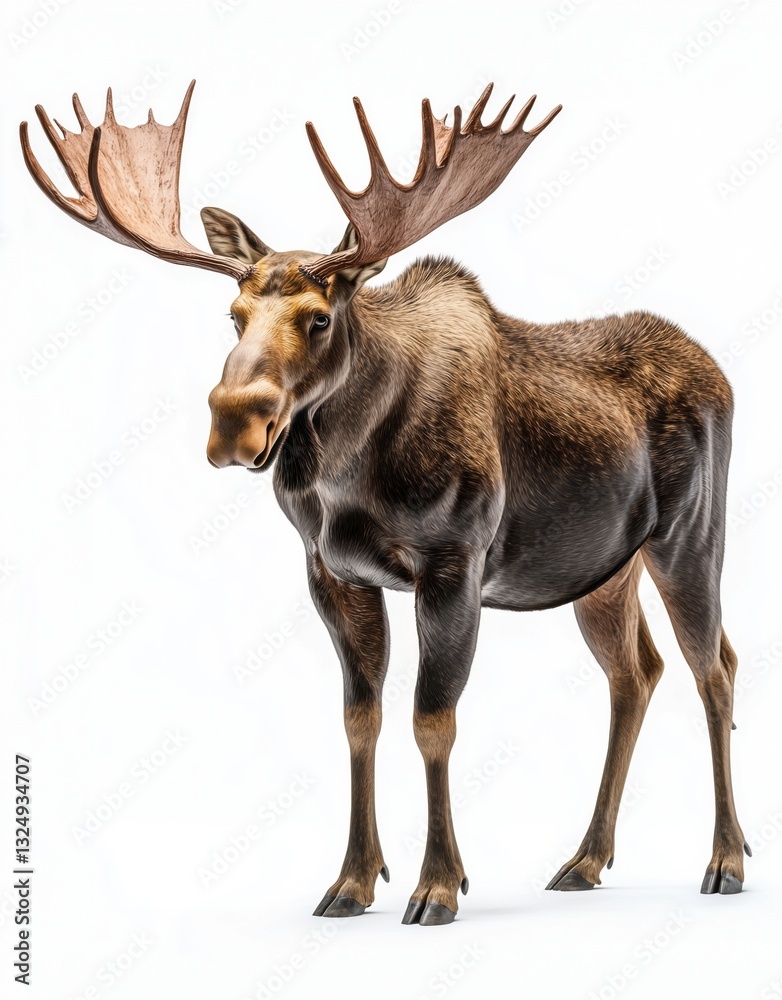 Obraz premium A majestic moose with large antlers standing against a white background.