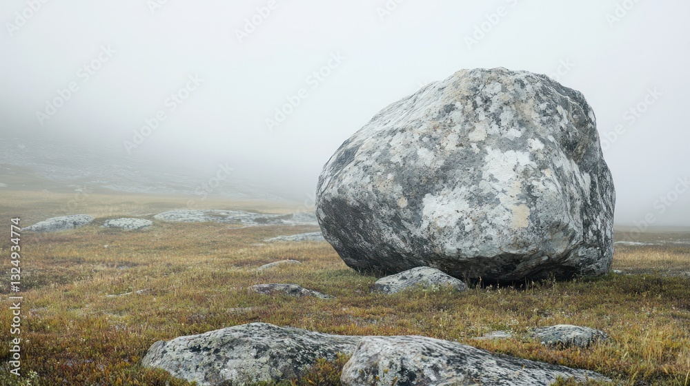 A massive boulder sits peacefully in a foggy landscape environment A massive boulder sits peacefully in a foggy landscape environment