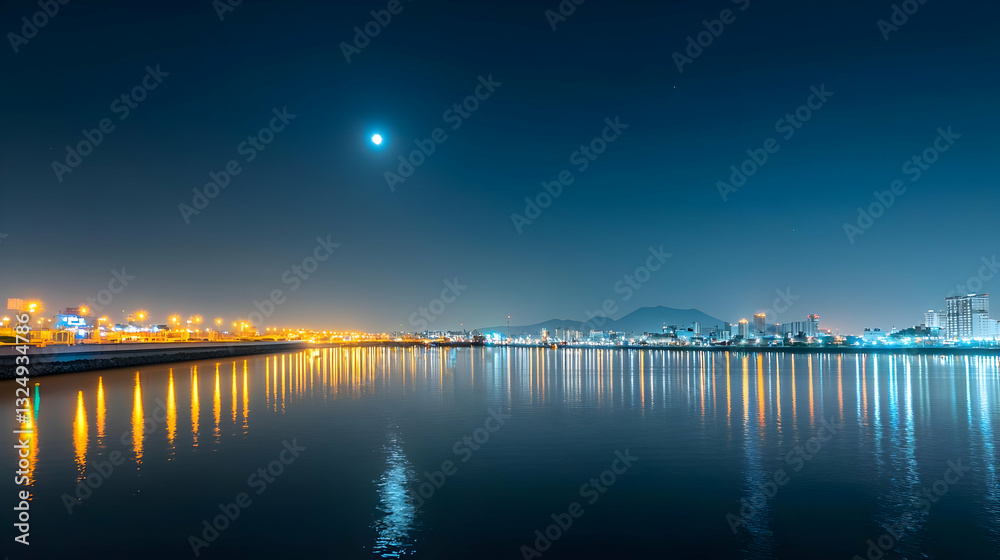 City Lights Reflecting On Calm Water Under A Dark Blue Night Sky With A Bright Moon City Lights Reflecting On Calm Water Under A Dark Blue Night Sky With A Bright Moon