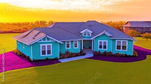 An aerial photograph highlights a suburban dwelling with a slate grey shingle roof and walls painted in a vibrant turquoise