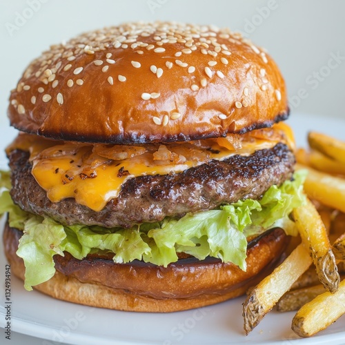 Close-up of a decadent burger with melted cheese and crispy lettuce