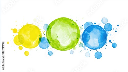 A colorful illustration featuring yellow, green, and blue circles with splashes on a white background.