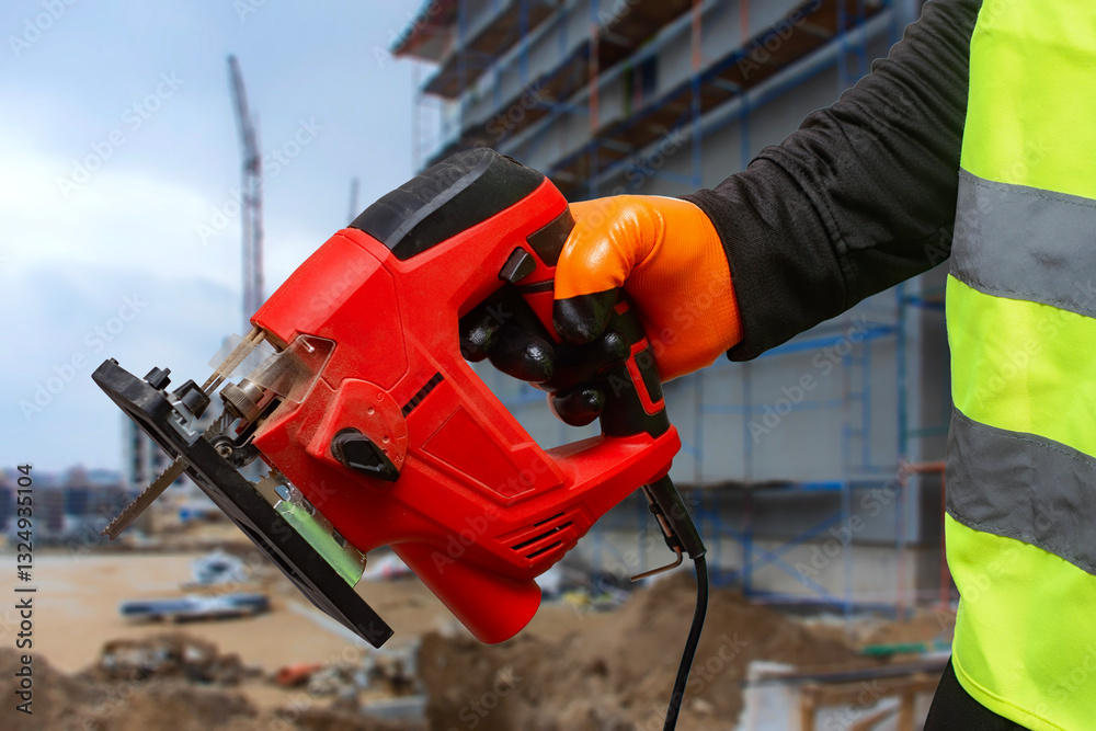 Construction worker in a high-visibility vest holding a red jigsaw power tool, set against a building site with scaffolding and a partially constructed structure.
