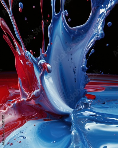 A dynamic splash of blue and red liquid paint colliding against a dark background.