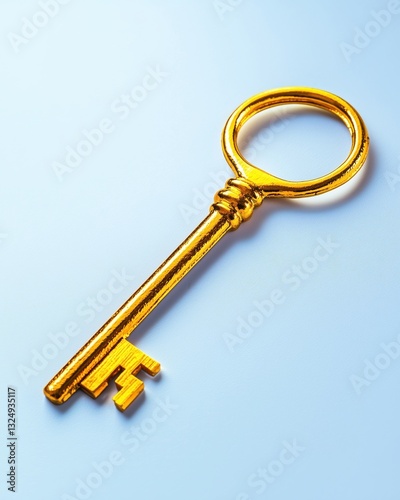 A shiny golden key placed on a smooth blue background.