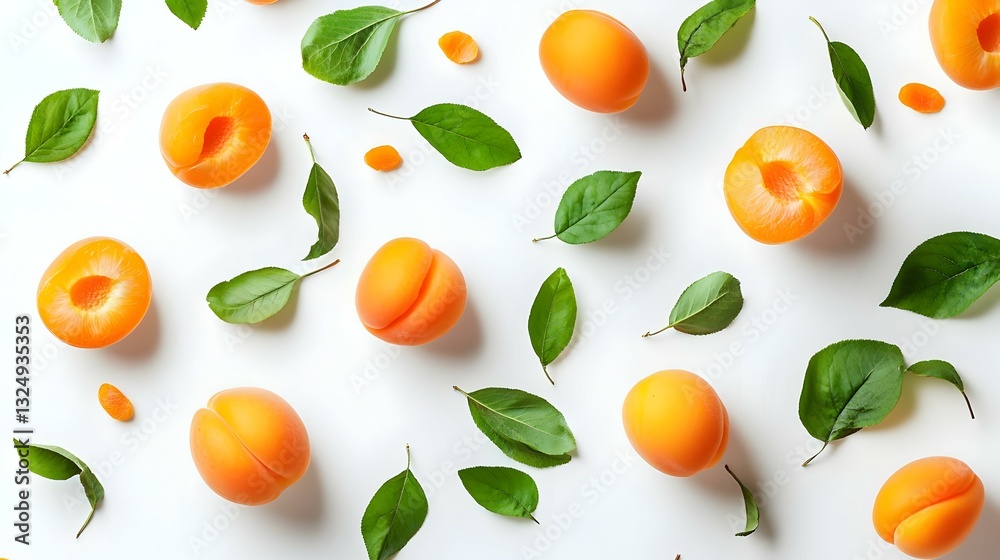Flying apricots with leaves isolated on white Flying apricots with leaves isolated on white
