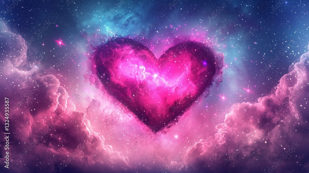 A vibrant heart-shaped galaxy surrounded by colorful clouds and stars in the universe. A vibrant heart-shaped galaxy surrounded by colorful clouds and stars in the universe.