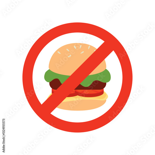 Vector Illustration of a No Fast Food Sign with a Burger Symbol and Prohibition Mark Indicating Unhealthy Eating Ban