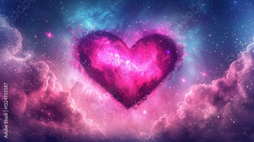 A vibrant heart-shaped galaxy surrounded by colorful clouds and stars in the universe.