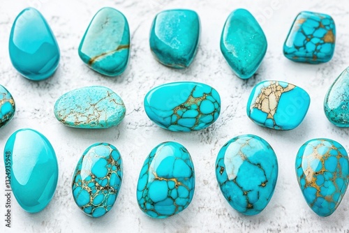 Collection of polished turquoise gemstones arranged on a textured surface illuminated by soft natural light