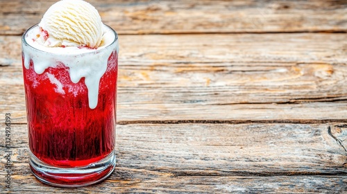 Delicious ice cream float with red soda in a glass on wooden table.