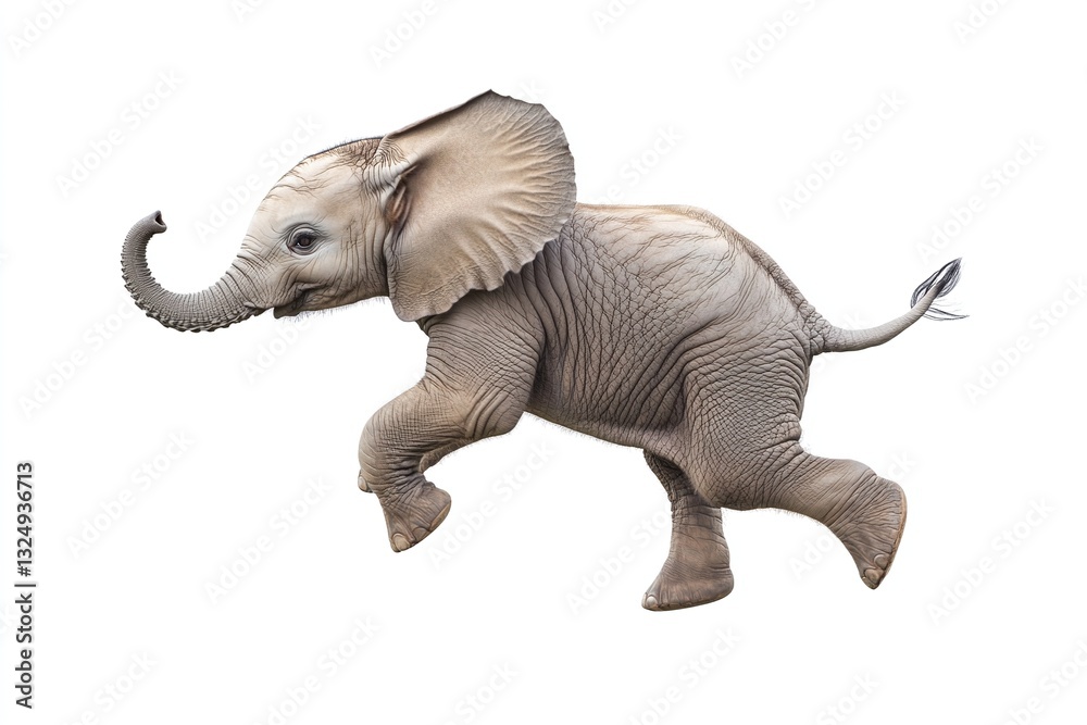 Fototapeta premium Playful baby elephant mid-leap against a white background. A joyful image capturing the energy of youth.