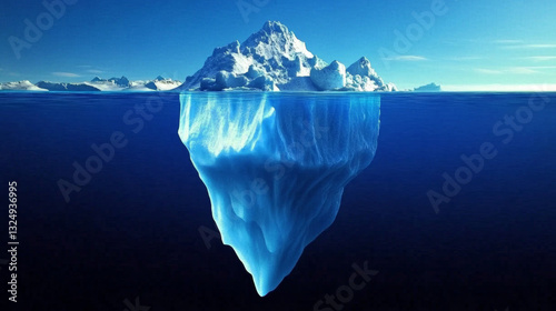 Abstract Iceberg illusion diagram. What people see and what is success hidden part of hard work. Low poly wireframe vector illustration on technology blue background.