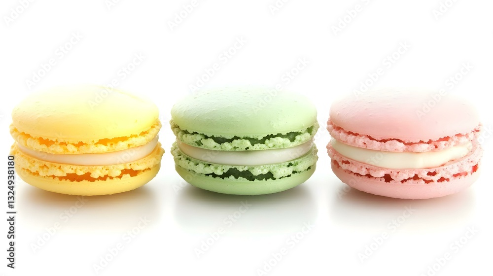 Obraz premium Yellow pink and green macaron cookies isolated