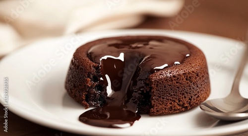 Warm, gooey chocolate lava cake, a decadent dessert. Rich, dark chocolate flows from the center.