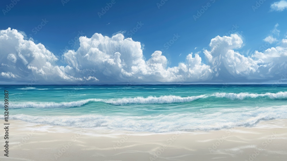 Fototapeta premium Breathtaking Tulum Beach: Vibrant Blues and Soft Cloudscapes Under a Clear Day Sky in Mexico