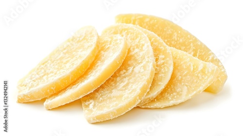 Parmesan slices isolated on white background