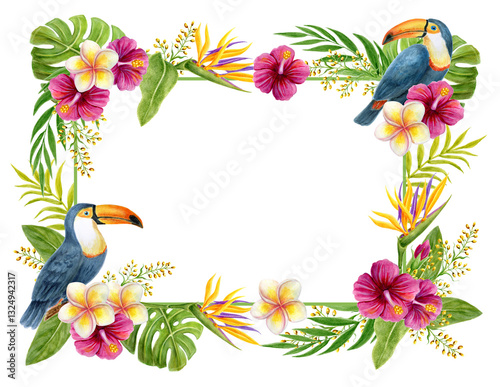 Tropical frame with toco toucan bird and tropics flowers. Hand drawn watercolor painting with hibiscus, frangipani and monstera palm leaves. Floral summer border.