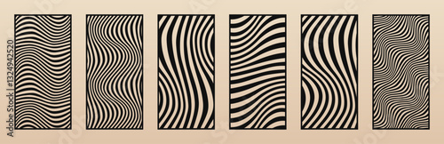 Laser cut patterns set. Vector template with liquid lines, wavy stripes, fluid shapes. Trending funky groovy design. Decorative stencil for CNC, laser cutting of wood, metal, paper. Aspect ratio 1:2