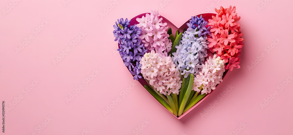 Hyacinth flowers in hole in heart shaped form over pink punchy pastel background. Top view, flat lay. Banner. Spring, summer or garden concept. Present for Woman day Hyacinth flowers in hole in heart shaped form over pink punchy pastel background. Top view, flat lay. Banner. Spring, summer or garden concept. Present for Woman day