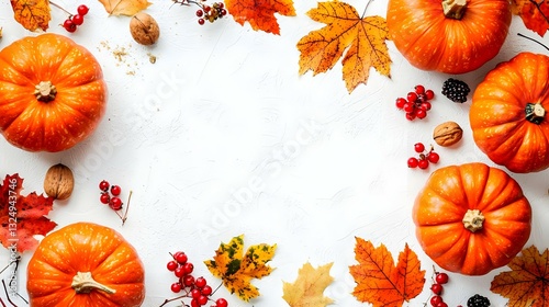 Festive autumn pumpkins decor with fall leaves