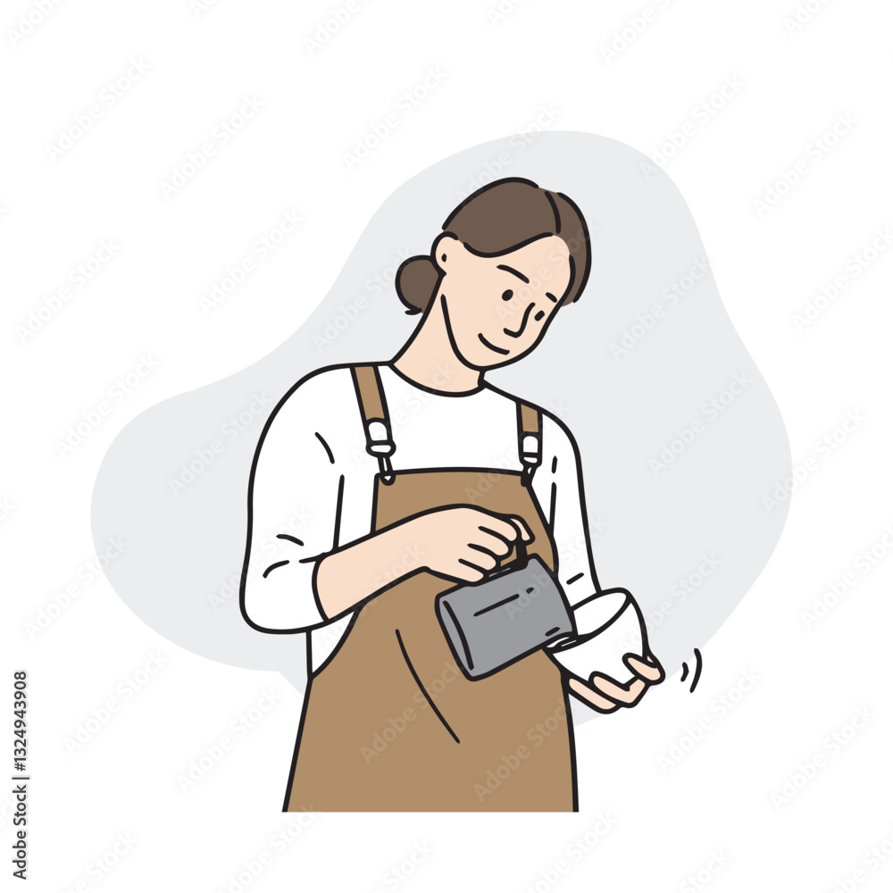 An illustration of a female barista wearing an apron making hand drip coffee. Hand drawn vector elements. An illustration of a female barista wearing an apron making hand drip coffee. Hand drawn vector elements.