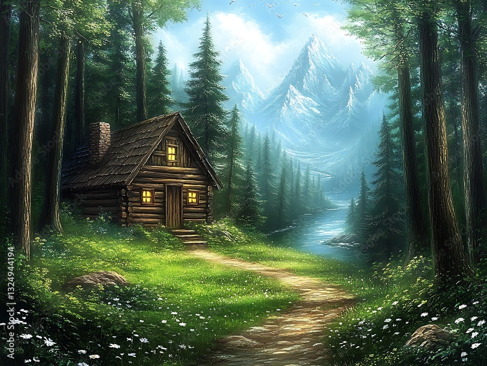 Cozy cabin on forest path near mountains Cozy cabin on forest path near mountains