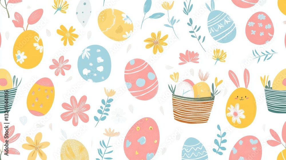 Easter Vector Pattern elements, Easter theme featuring repeating elements like Easter eggs, bunnies, flowers, and baskets Easter Vector Pattern elements, Easter theme featuring repeating elements like Easter eggs, bunnies, flowers, and baskets