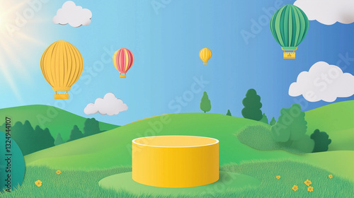 Paper cut of Summer season on green nature landscape, hot air balloons and clouds on blue sky background with yellow color cylinder podium for products display presentation