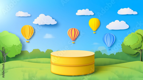 Paper cut of Summer season on green nature landscape, hot air balloons and clouds on blue sky background with yellow color cylinder podium for products display presentation