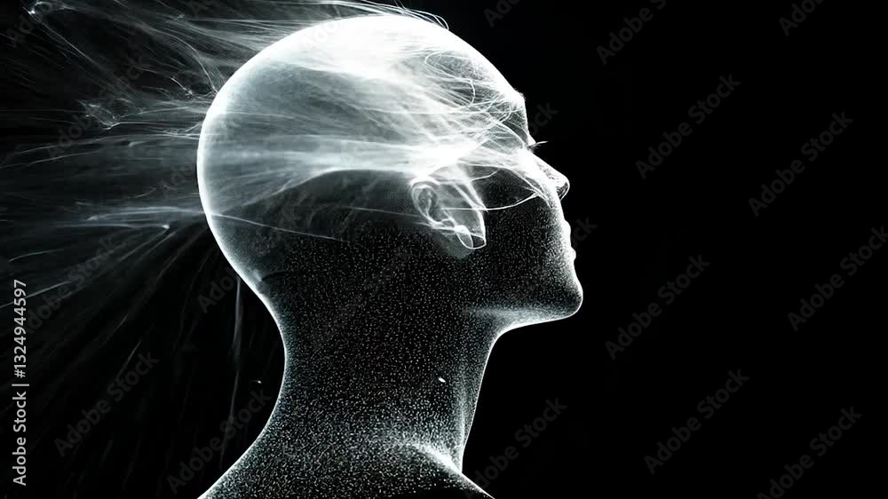 Digital Mind:  A mesmerizing digital art piece depicting a female head composed of particles, ethereal energy emanating from it, symbolizing thoughts, consciousness, or the human mind's complexity.