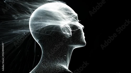 Digital Mind:  A mesmerizing digital art piece depicting a female head composed of particles, ethereal energy emanating from it, symbolizing thoughts, consciousness, or the human mind's complexity.