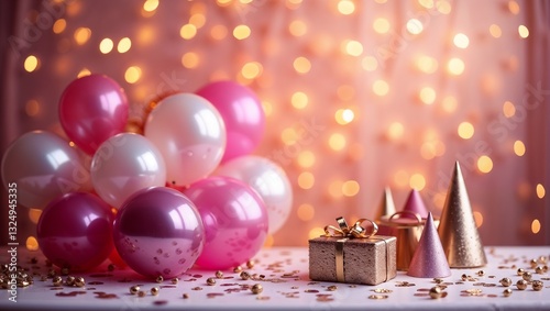 Elegant pink and gold birthday celebration with balloons and gifts