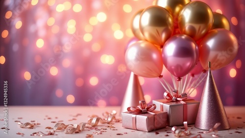 Elegant pink and gold party decorations with balloons and gifts