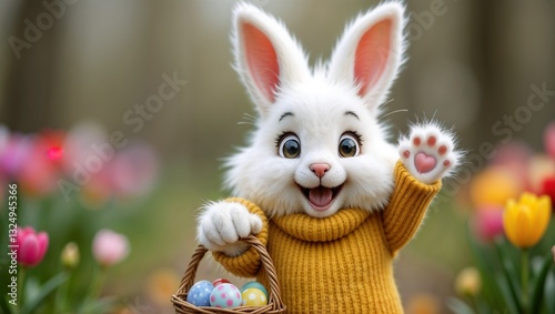 Cute Easter bunny with basket of colorful eggs in spring garden