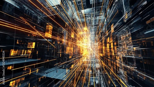 Futuristic Digital Data Network with Glowing Blockchain Architecture in a Cyberpunk-Inspired Virtual Space