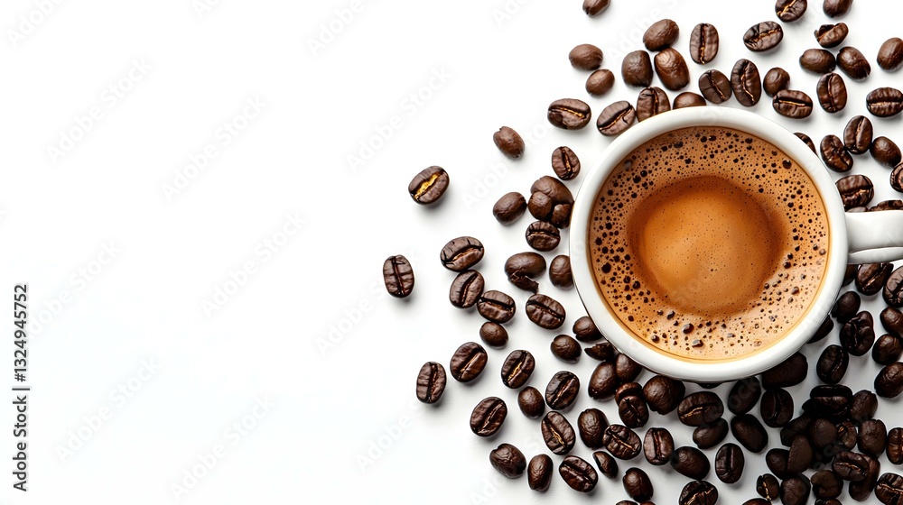 A cup of coffee with coffee beans scattered A cup of coffee with coffee beans scattered