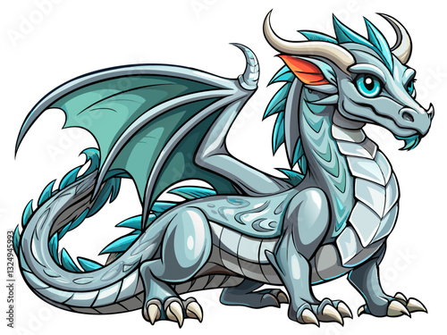 vector of  A detailed, stylized silver dragon in a relaxed pose, showcasing its majestic features.