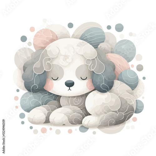 Cute fluffy puppy resting on a bed of flowers, surrounded by colors